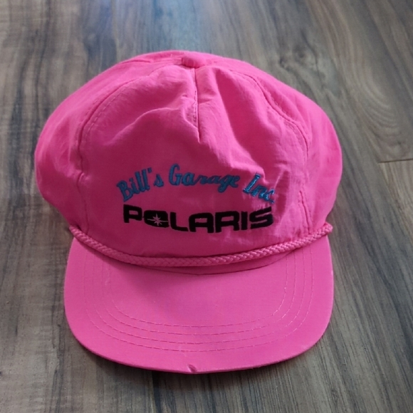 Vintage Neon Pink Nylon snapback Polaris Snowmobile Hat. Bills Garage.